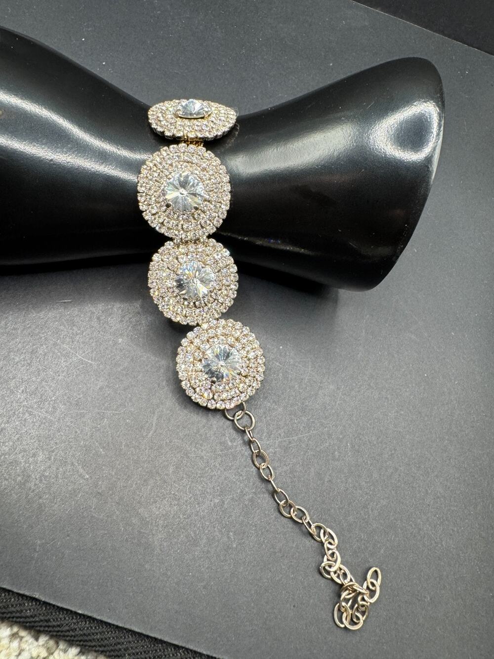 Vintage Clear Rhinestone 26.7mm Round Mesh Link Chain Bracelet 10.5" Adjustable